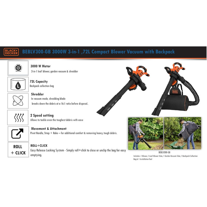 BLACK+DECKER 3-в-1 акумуляторний садовий пилосос-видувка 3000 Вт з подрібнювачем, рюкзаком-мішком 72 л, регульованою потужністю, для терас і доріжок (BEBLV300)