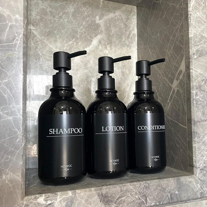 Набір дозаторів для мила та шампуню на стіну, 500 мл, 3 шт., без свердління, колір бурштиновий (чорна пляшка + чорний насос)