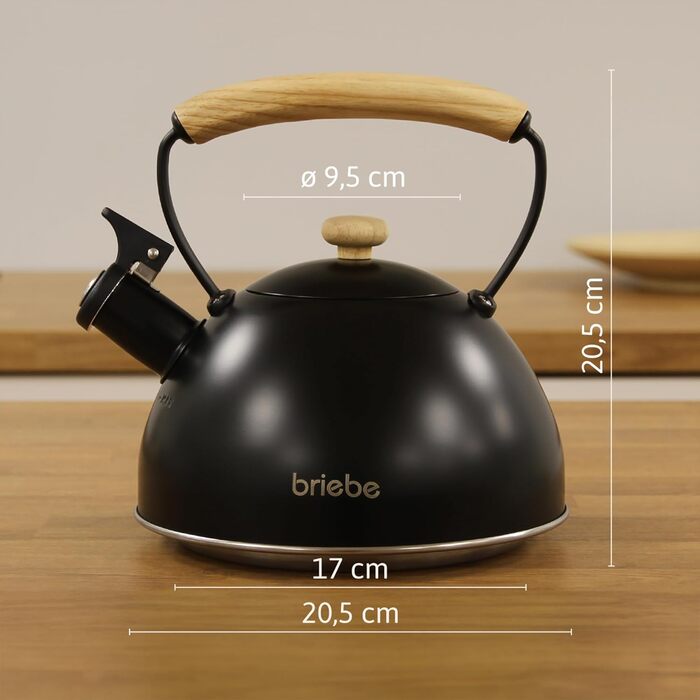 Чайник електричний Nordic Wasserkessel Induktion 2.3L, з свистком, з нержавіючої сталі, ретро дизайн, для всіх типів плит (склокераміка, газ, електро), з дерев'яною ручкою Cool-Touch, для чаю та кави, чорний