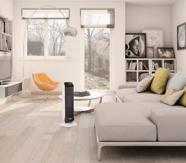 De'Longhi Tower Ceramic Heater Fan, Fast Heating with 2 Power Levels, Remote Control, 24h Timer, Eco Function, Safety Thermostat, Rear Handle, 2000W, HFX25S20, White/Black