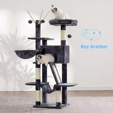 Котячий будиночок з когтеточкою Hey-Brother MPJ019-SW (135 см, сірий), з платформою, гамаком, печерою та іграшкою