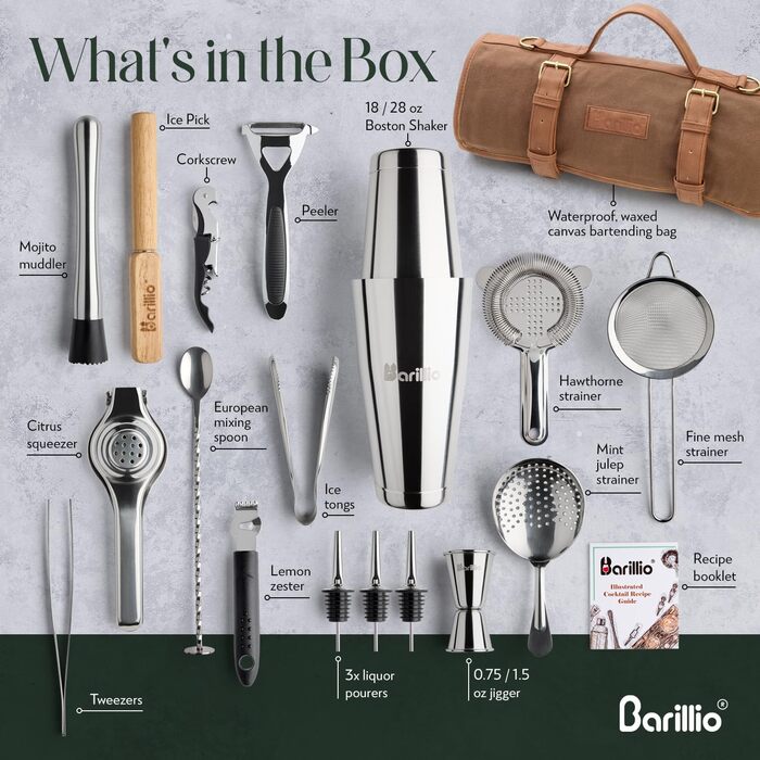 Набір бармена 17 предметів Barillio Barkeeper з сумкою з вощеного канвасу, барний інструмент для дому та професійного використання
