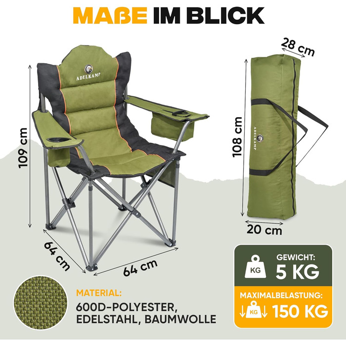 Складний туристичний стілець ADELKAMP з товстим м'яким сидінням, висока вантажопідйомність 150 кг, з сумкою-холодильником та тримачем для напоїв – переможець тесту 2024, преміум-якість, оливковий колір