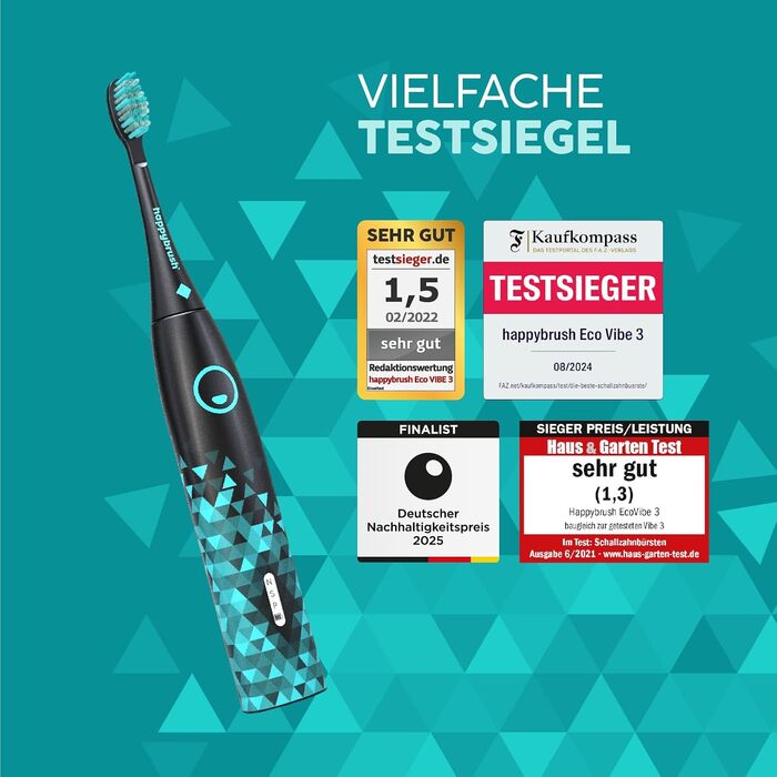 Електрична звукова зубна щітка happybrush® Eco Vibe 3 - Чорний колір - Набір з 4 насадок - Тестовий лідер - 100 днів тестування