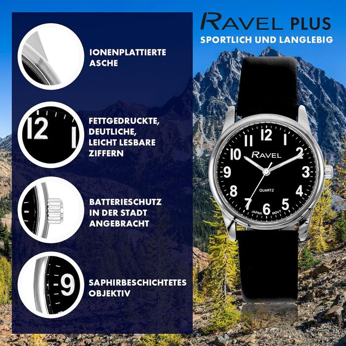 Годинник Ravel Plus - Екстра Довге Життя, Унісекс, для Щоденного Використання з Ремінком з Мікрофібри - Аналоговий Кварц (Японський) (Корпус 34 мм, Чорний / Сріблястий / Чорне Циферблат)