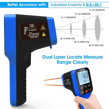 Інфрачервоний термометр AIOMEST з логуванням даних через APP, промисловий пірометр IR, 1600°C | 30:1 оптика, з подвійним лазером | Температурна пістолета для вимірювання температури для HVAC, промислових печей, кузень та піци | Без Bluetooth-з'єднання