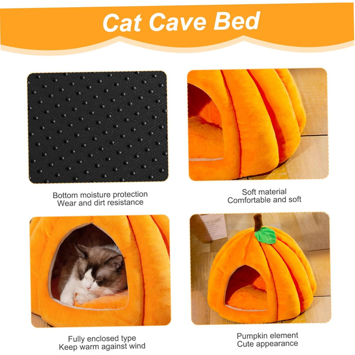 Кішка Будиночок-Печера у Формі Гарбуза на Хелловін - М'яке Тепле Ліжко для Кота, Вологостійке, для Внутрішніх Улюбленців