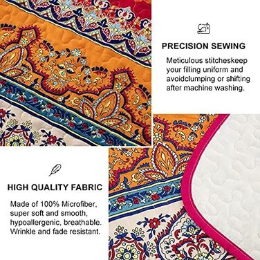 WONGS BEDDING Quilt Set 220x240 Bedspread Bohemian Throw Blanket Stepped Quilt 3-Piece Double Bed Quilted Bedspread Microfiber Living Room Blanket with 2 Pillowcases 50x70 for Bedroom as Sofa Throw (Bohemian)
