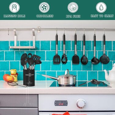 Набір силіконових кухонних приладь Umite Chef, 43 предмети, термостійкі кухонні аксесуари з нержавіючими ручками, чорний набір для антипригарного посуду