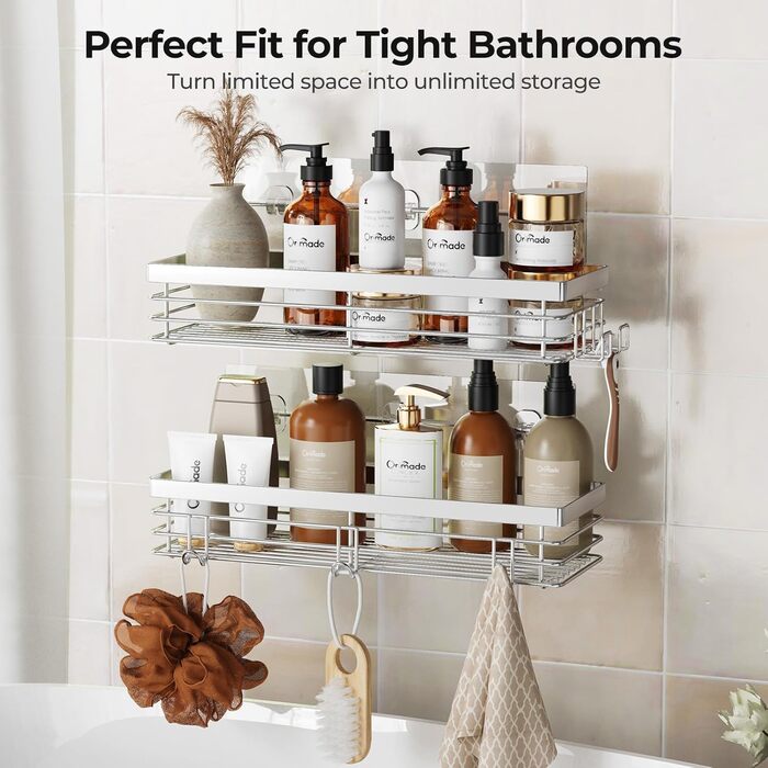 Полка для душу Orimade без свердління з 5 гачками, 2 шт. з нержавіючої сталі, срібло