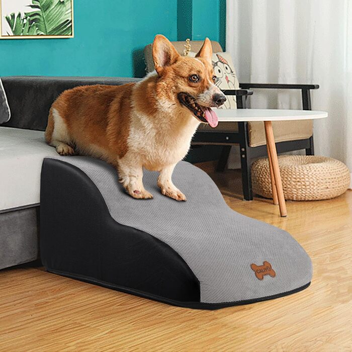 Сходинки для собак Caliyo, 3 сходинки, для маленьких собак та котів, 40 см заввишки, знімний та миючий чохол, протиковзна підставка, для ліжка, дивану та авто (60×40×40 см), сірі