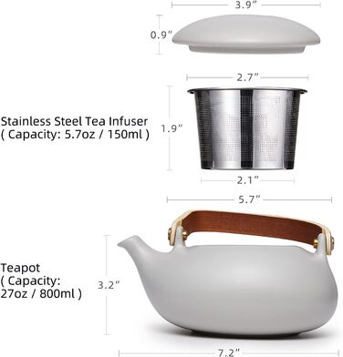 ZENS Modern Japanese Teapot, 800ml Matte White Ceramic Teapot with Infuser, Wooden Handle Small Japanese Teapot for Loose Leaf Tea, White Tea, Green Tea Steeper, Gift for Tea Lovers (02-gray Teapot)