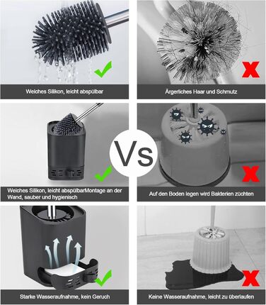 Силіконова щітка для унітазу Glowbal з контейнером, швидковисихаюча, для ванної кімнати, настінний монтаж/стоячий дизайн, білий/сірий (чорний/сірий)