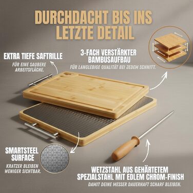 Двостороння обробна дошка з нержавіючої сталі та бамбуку | Кухонна дошка з жолобком для соку та металевим руків'ям | Антибактеріальна дерев'яна дошка для кухні | Велика дошка з бамбуку | Розділочна дошка 40x30x2 см