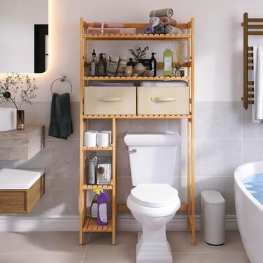 SMIBUY Over The Toilet Storage, 6-Tier Bamboo Bathroom Shelf with Drawers, Freestanding Over the Toilet Organizer Rack, Ample Storage, Space Saver for Small Spaces (Natural)