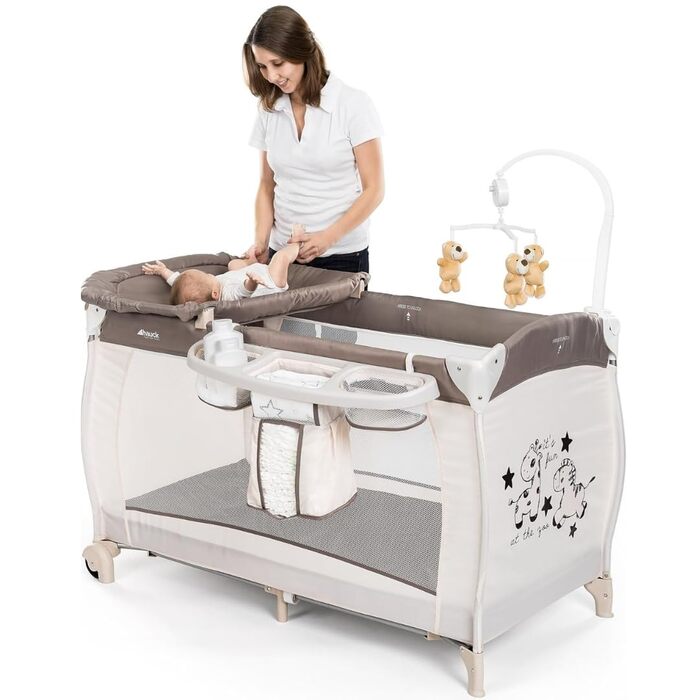 Hauck Baby Travel Cot Babycenter Zoo - including newborn insert, changing pad, play arch with mobile, storage compartment, wheels, mattress, carry bag (height adjustable & foldable)