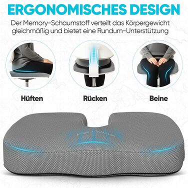 Крісло-подушка FORTEM: м'який, антиковзний наповнювач Memory Foam, сірий дихаючий чохол, для офісного, ігрового та автомобільного крісла