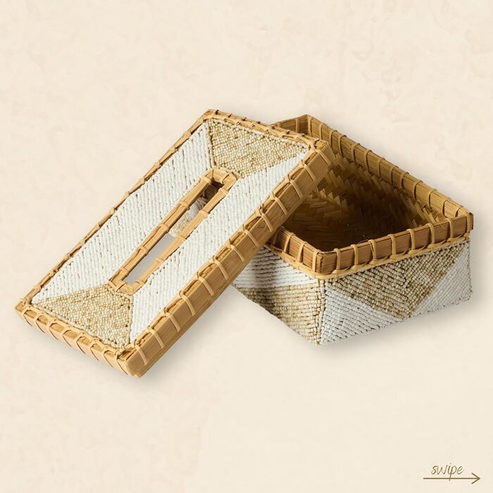 Karmagonia Refillable Tissue Box with Bamboo Lid - Handmade Cosmetic Tissue Box with Pearls - Tissue Box for Tissues & Cosmetic Tissues