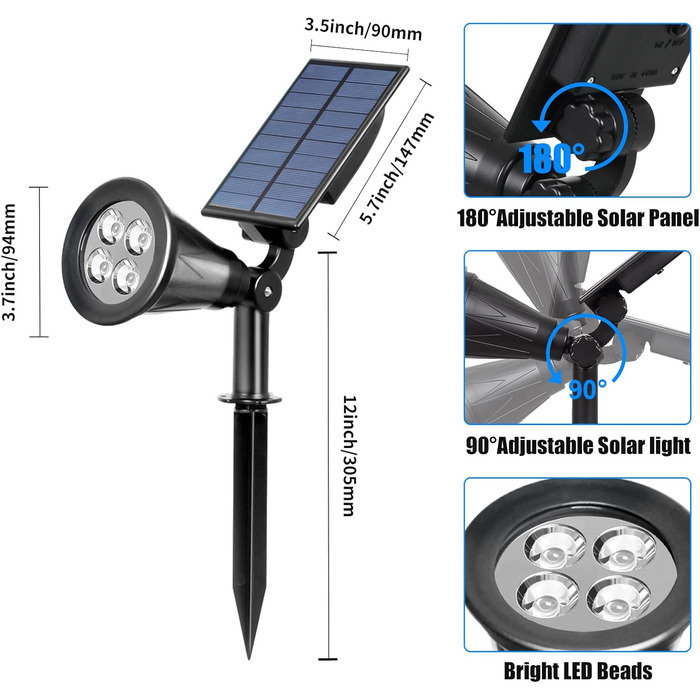 T-SUN LED Solar Spotlights, 2 Pack 4 LED Solar Garden Lights, Bright Garden Light, 2 Lighting Modes, Safety Lighting, Large Outdoor Light for Lawn, Paths, Terrace (Cool White 6000K)