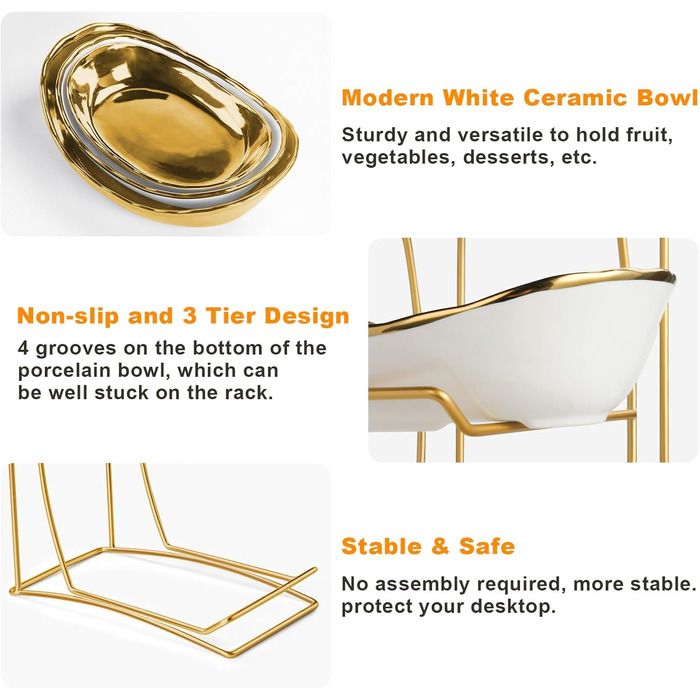 Керамічна фруктова ваза на стільницю, 3-ярусна, з металевим каркасом, золота