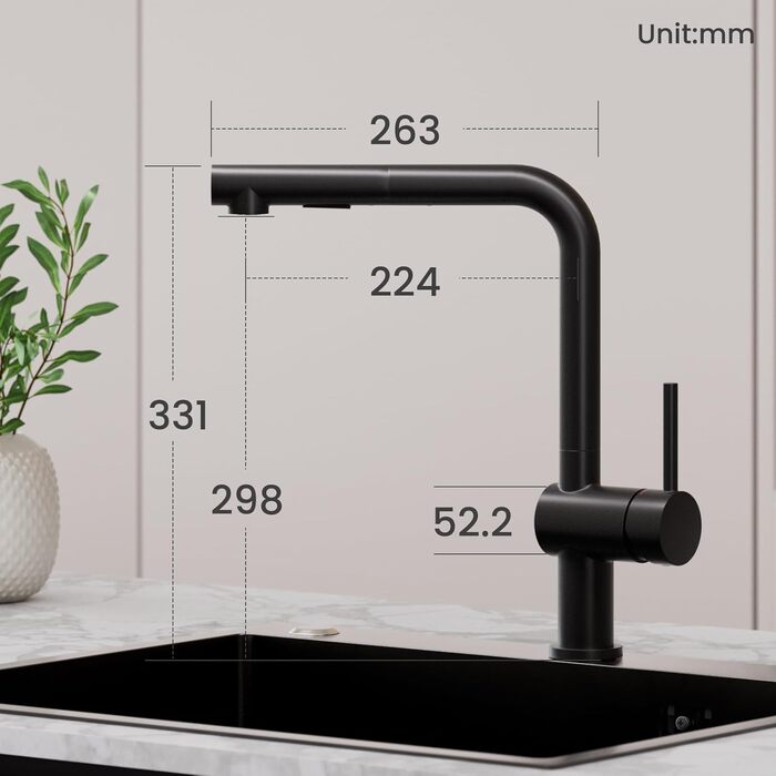 Кран кухонний CECIPA X203B чорний з висувною лійкою, 360° поворот, двома струменями, з нержавіючої сталі