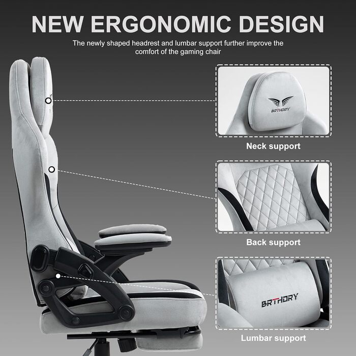 Геймерське крісло Racing Ergonomic Stoff Hellgrau з регульованою підголівкою та підставкою для ніг