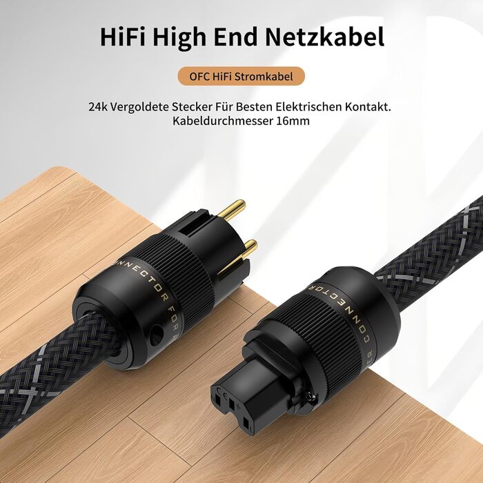 Hi-Fi мережевий кабель Tertullus OFC з роз'ємами Schuko та C15 для сабвуфера, підсилювача та AV-ресивера, 1.5м
