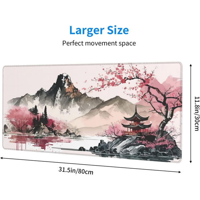 Килимок для миші для геймінгу, чорний, Kanagawa, великий, 80 x 30 см, з гумовою основою, водонепроникний, з прошитими краями, для геймінгу, офісу, дому (Чорна хвиля) (Рожевий)