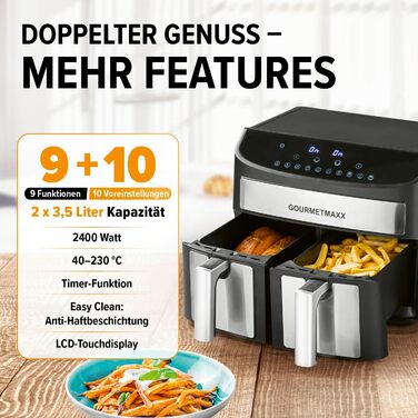 Аерофритюрниця GOURMETmaxx з двома камерами 2×3,5 л, нержавіюча сталь, 2400 Вт, сенсорний дисплей, таймер, 10 програм, енергоощадна, чорна