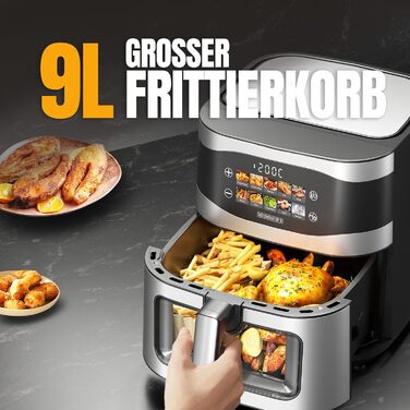 Фритюрниця повітряна HEINRICHS 9L XXL з LED-дисплеєм, 10-в-1, 1800W, без жиру, з таймером, сенсорне управління, для кухні