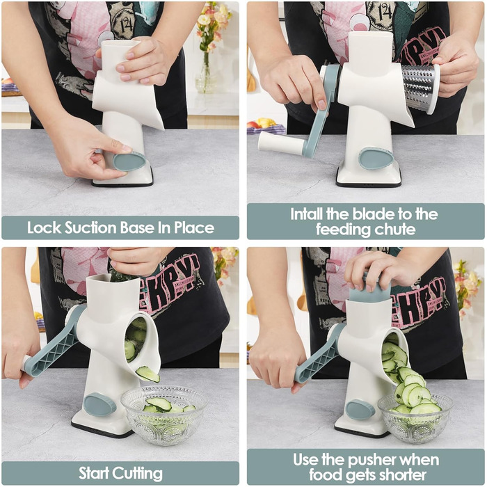 Ручна тертка для сиру та овочів Dreamhigh з ручкою, 3 змінні леза з нержавіючої сталі, для сиру, овочів, горіхів, моркви, огірків, білий колір