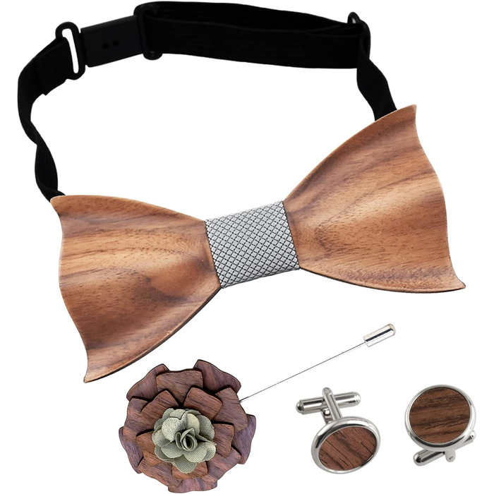 Набір краваток Mr.Van Holzfliege з дерева: краватка, запонки, брош, нагрудна хустинка (срібло)