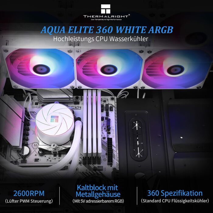 Thermalright AQUA ELITE 360 ARGB: Система водяного охолодження CPU з 3 вентиляторами 120mm, для AMD/Intel, білий колір
