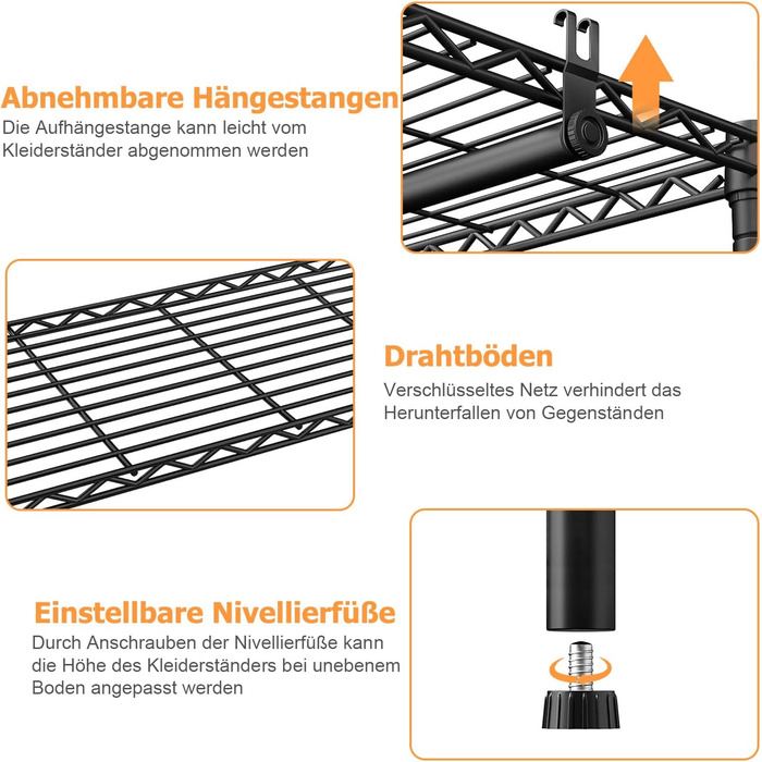 Розширюваний вішак для одягу, металевий гардеробний стійка з регульованими полицями, важкий, чорний