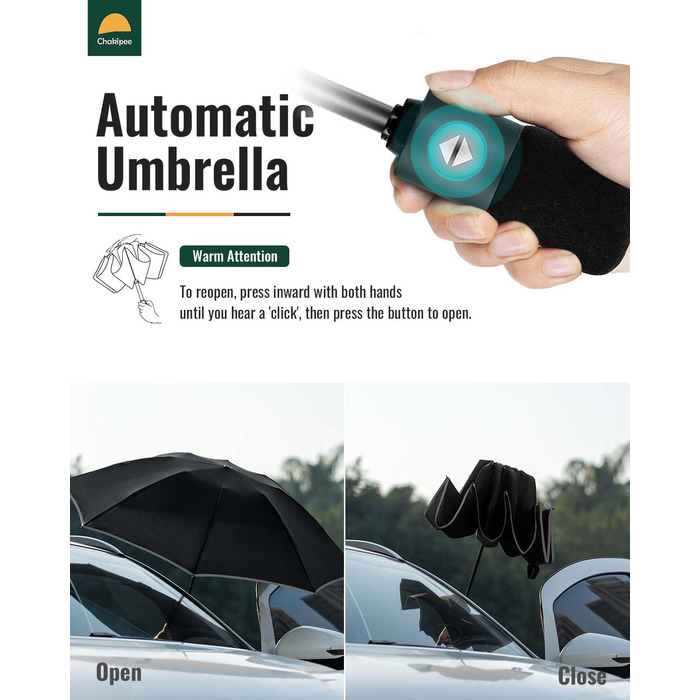 Чакіпі Регульований парасолька великого розміру, стійкий до сильного вітру, з відбиваючим покриттям, для чоловіків та жінок – автоматичний парасолька-тростина, компактний, для подорожей, чорний, покриття 210T, діаметр 106 см