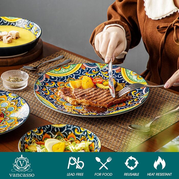 Tableware service for 6 people, vancasso simi 24-piece combination tableware set made of porcelain, dinnerware set with dinner plates, dessert plates, soup plates, and bowls, Bohemian style 24-piece tableware service