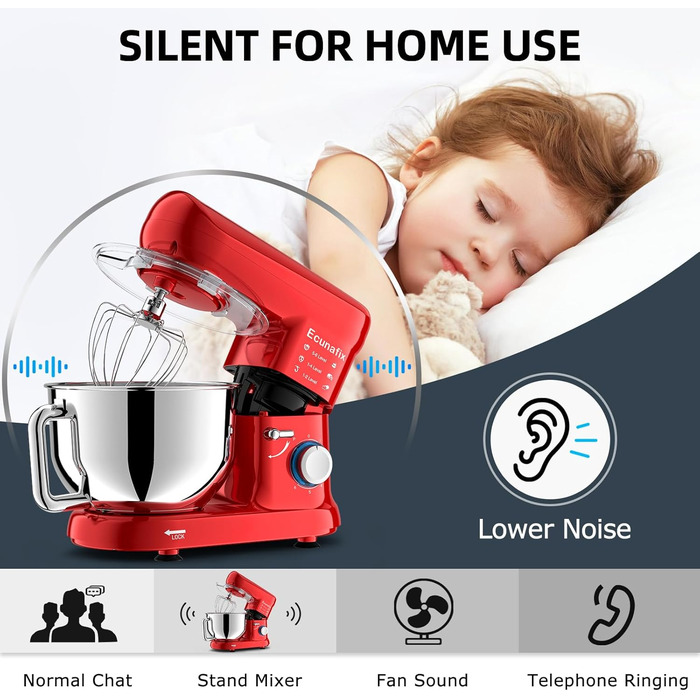 Кухонна машина для замішування тіста 2000W з чашею 6.5л з нержавіючої сталі, 6 швидкостей, з міксером, гаком для тіста, вінчиком та захистом від бризок (червона)