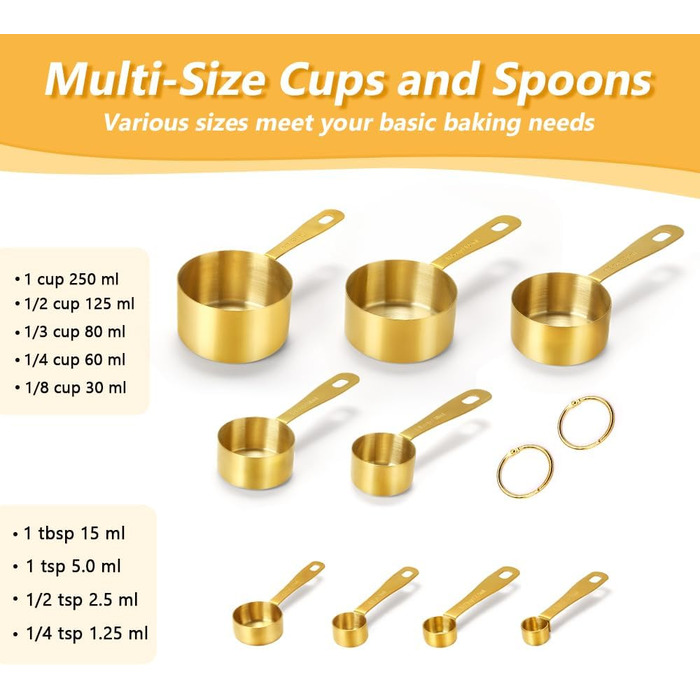 Набір мірних стаканів та ложок Cuteefun Gold, 13 предметів, нержавіюча сталь: мірний стакан 5 чашок, 8 магнітних ложок з рівнем для вимірювання сухих та рідких інгредієнтів для випічки та приготування їжі