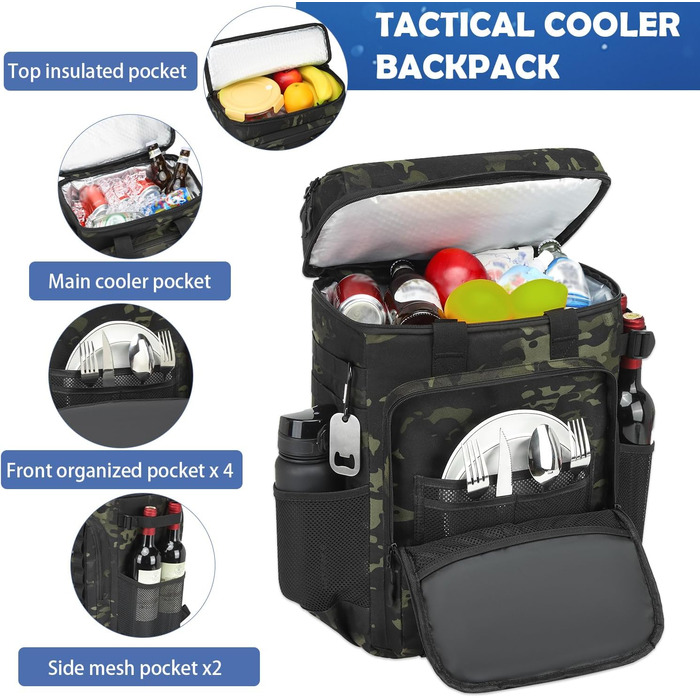 Терморюкзак для пікніка на 42 банки, чорний. Ізольований рюкзак для відпочинку, пляжу, кемпінгу, барбекю.