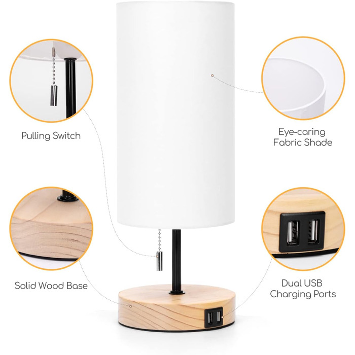 Настільна лампа Aigostar з 2 USB-портами, вимикач, металевий цоколь, сірий колір. Сучасна лампа для спальні, вітальні, дитячої кімнати та робочого столу.