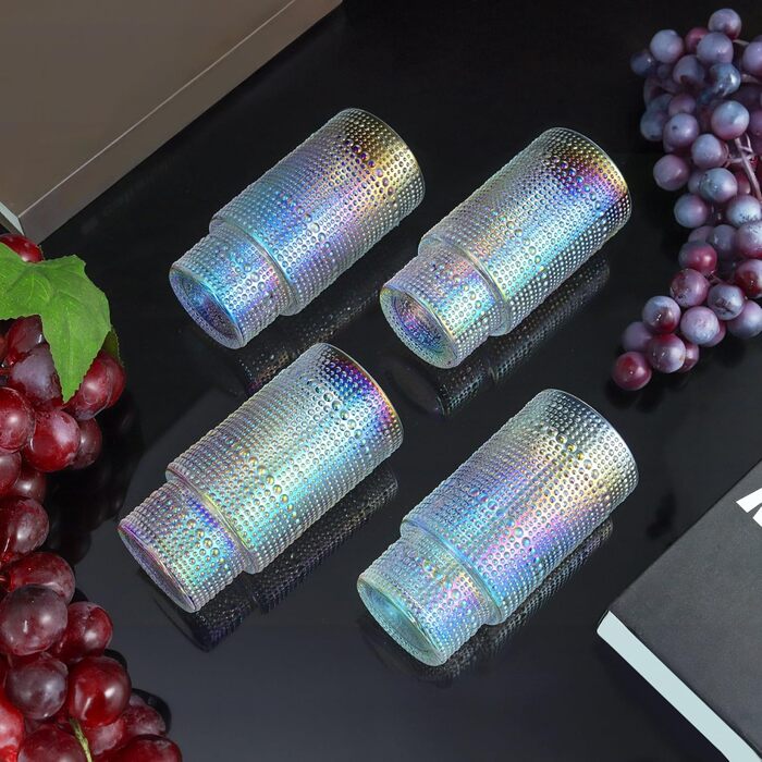 Joeyan 300ml Hobnail Rainbow Water Glasses, Vintage Stackable Colorful Highball Glasses, Pearl Embossed Iridescent Drinking Glasses, Romantic Rainbow Juice Glasses Cocktail Glasses, Set of 4, Dishwasher Safe