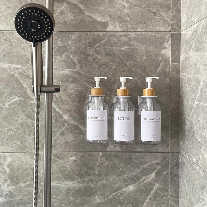 Набір дозаторів для мила, шампуню та миючого засобу на стіну, 500 мл, 3 шт., прозорий + бамбук