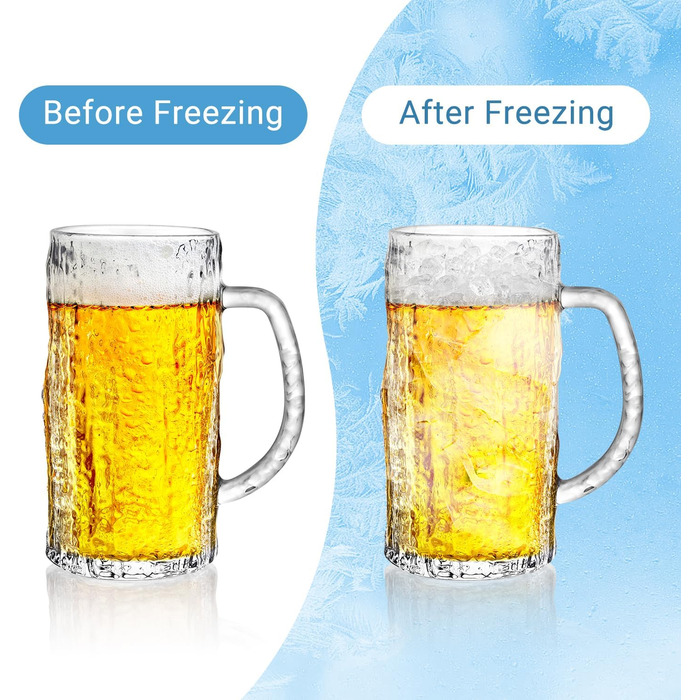 Набір з 2 скляних кружок для пива на 0,58 літра (490 мл) з ручкою, для морозильної камери, ретро стиль, подарунок для чоловіків
