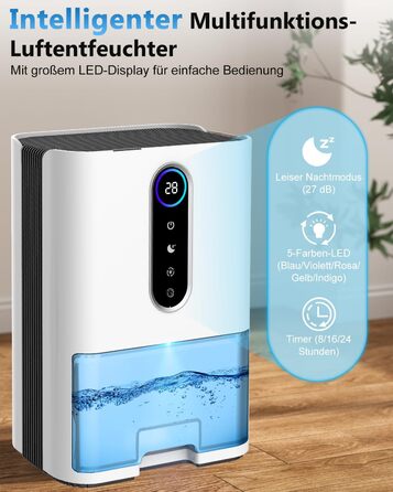 Електричний осушувач повітря 2L з тихим режимом 27dB, таймером 8/16/24 год та 5 кольоровими підсвітками. Осушувач для спальні, ванної кімнати, підвалу (до 60 м²)