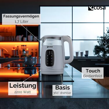 Електричний чайник Ecosa® зі скляною колбою та нержавіючою сталлю, 1.7 л, 2200 Вт, регулювання температури 40-100°C, функція підігріву, LED-підсвічування, без BPA (Woldo White)