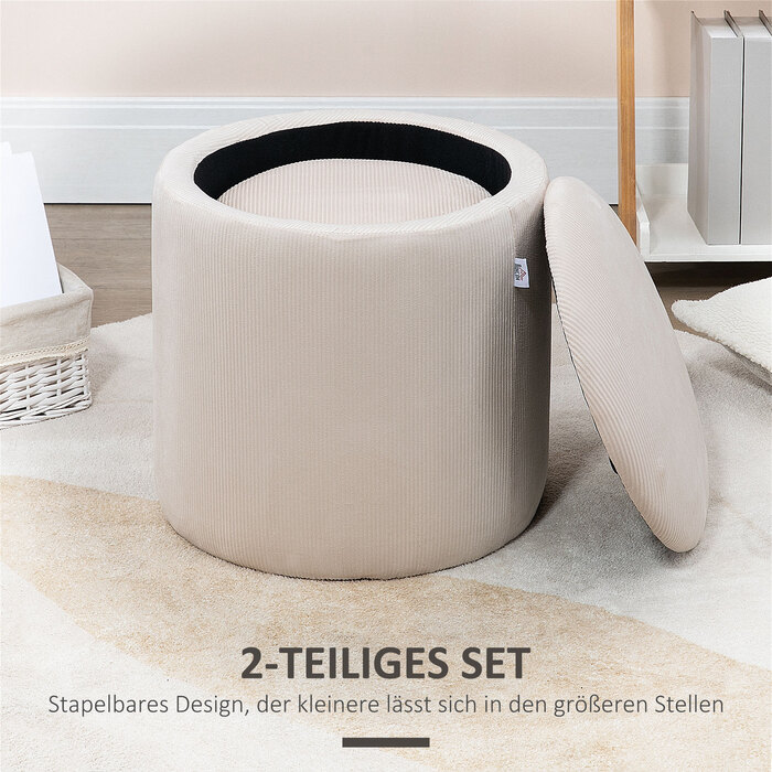 HOMCOM 2-Pack Storage Ottomans with Lid - Footstools with Removable Cover in Corduroy-Look Cream White 40 x 40 x 41 cm | Aosom