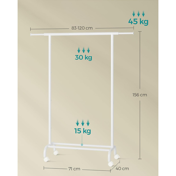 SONGMICS Clothes Rack with Wheels, Extendable Clothes Rod, Clothes Rail from Steel Pipes, Elevated Storage Rod, 40 x (83-120) x 156 cm, Cloud White HSR134W01