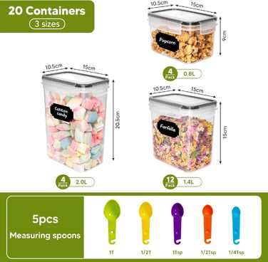 Набір контейнерів для продуктів на 20 штук з кришкою, герметичні, BPA-free, з етикетками, для зберігання круп, борошна, мюслі, кухонний органайзер