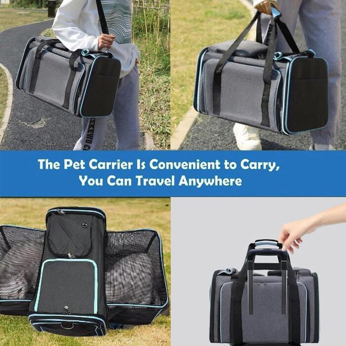 Транспортна сумка для котів та собак, розширювана, складана переноска для кота/собаки, сіра з блакитним, L