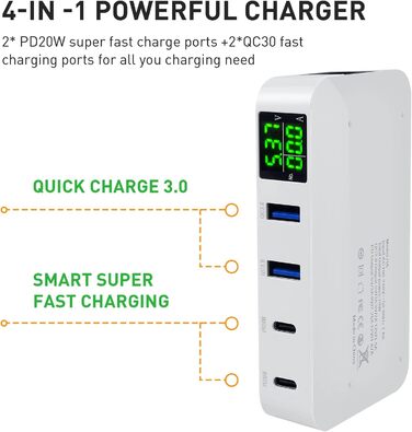 Зарядна станція Schnellladestation PD20W QC3.0 7-в-1 з LCD-дисплеєм, USB-роз'єми, сумісна з iPhone, iPad, Samsung, Huawei (Чорний)